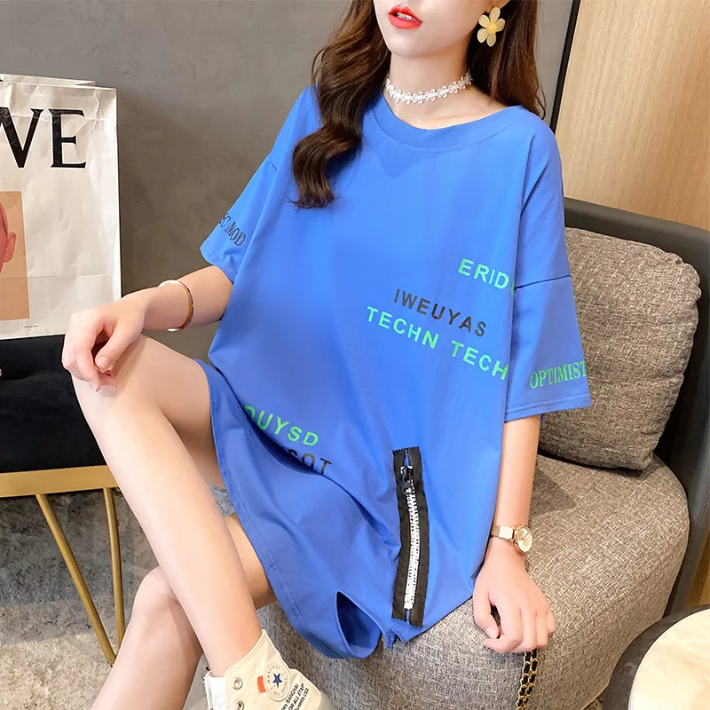 #0664 оранжевые синие длинные футболки женские на лето повседневные с коротким