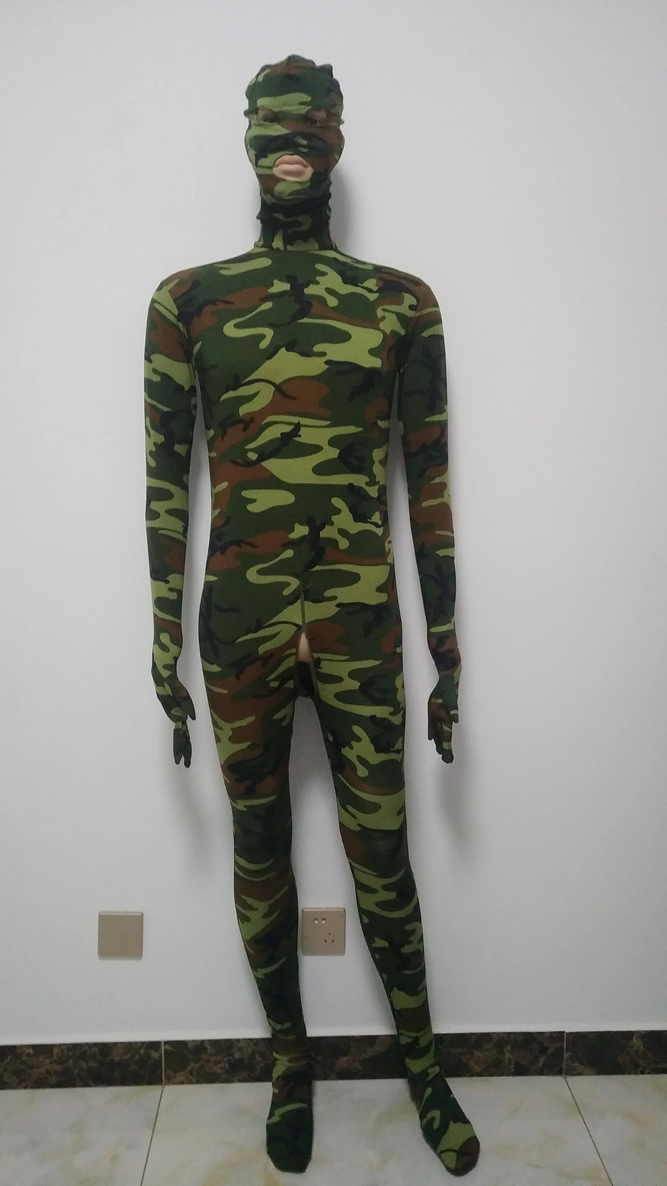 Halloween cosplay costume animal army green tights jumpsuit spandex Bodysuit Zentai Suit removable hood open mouth eyes |