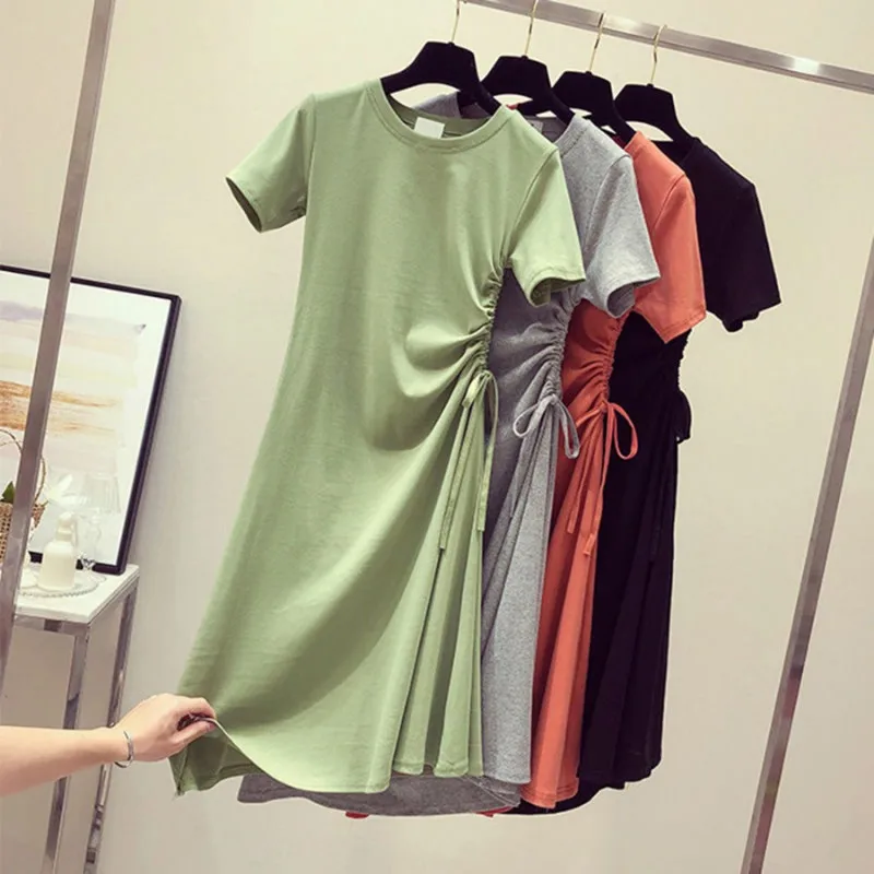 

Women Straight Dress Plus Size Drawstring Side Summer Short Sleeve Graphic Dresses O-neck Korean Harajuku Street T Shirt Dress