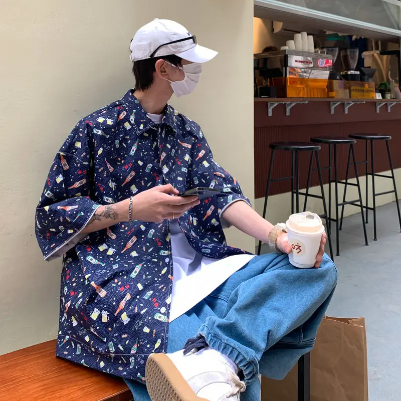 

Printed Short Sleeve Shirt Men's Summer All-match Coat Casual Streetwear Tide Hiphop Beach Shirts Thin Four Seasons Male Clothes