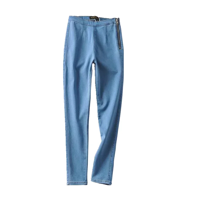 

Four seasons European and American super elastic side zipper high waist peach hip jeans pants for women's thin package hip tight