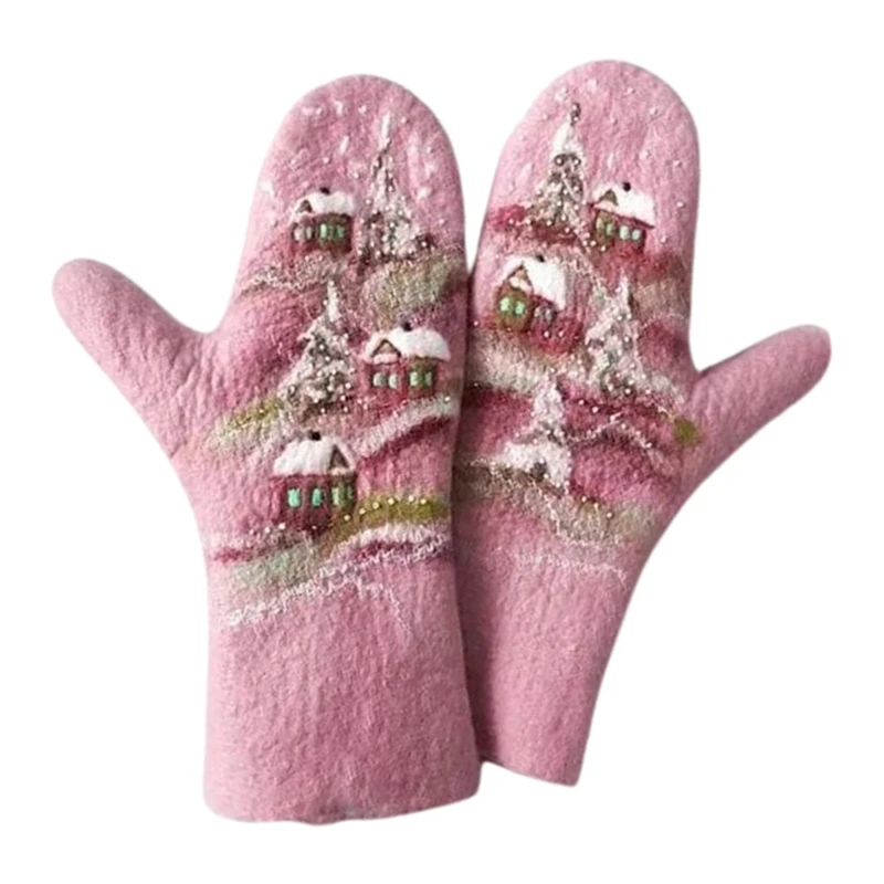 

Women Faux Cashmere Gloves Christmas Landscape Houses Tree Print Warm Mittens M5TE