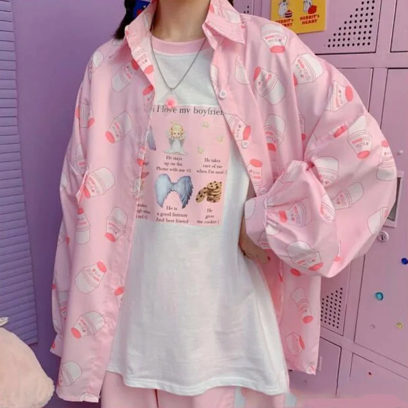 

The New Summer 2021 Kawaii Blouse Women Long Sleeve Cute Top Loose Women Shirts Korean Style Fashion Print Button Up Shirt Kpop