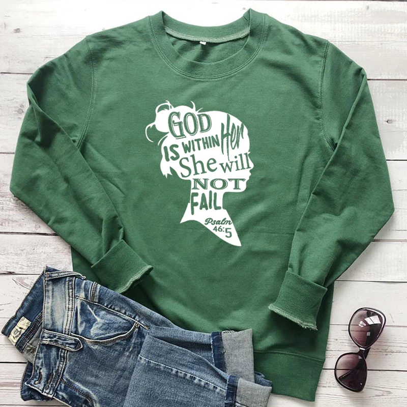 Бог Внутри ей не подведет Кристиан Толстовка женских топы для девочек Мощность