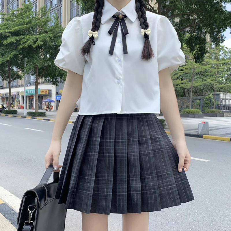 

Japanese Girl Bubble Sleeve Shirt With Bow Tie Summer Women White Chiffon Blouse 2021 New All-Match Jk Student Tee Shirts Tops