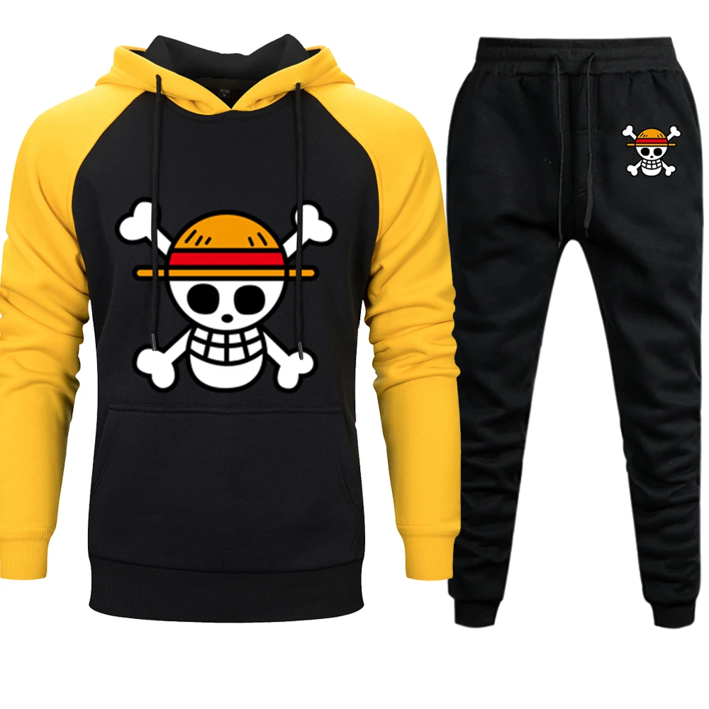 One piece Аниме мужские Комплекты Толстовки штаны Череп Луффи толстовка с капюшоном штаны Осень Зима повседневные 2 шт Спортивные Штаны Толстовка - Цвет: yellow black6