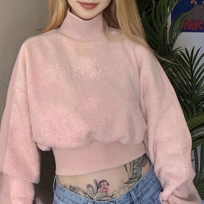 

Fashion Women Slim Short Sweatshirts Letter Pattern Long Sleeve Turtleneck Pullover Solid Color Lamb Wool Hoodies Top