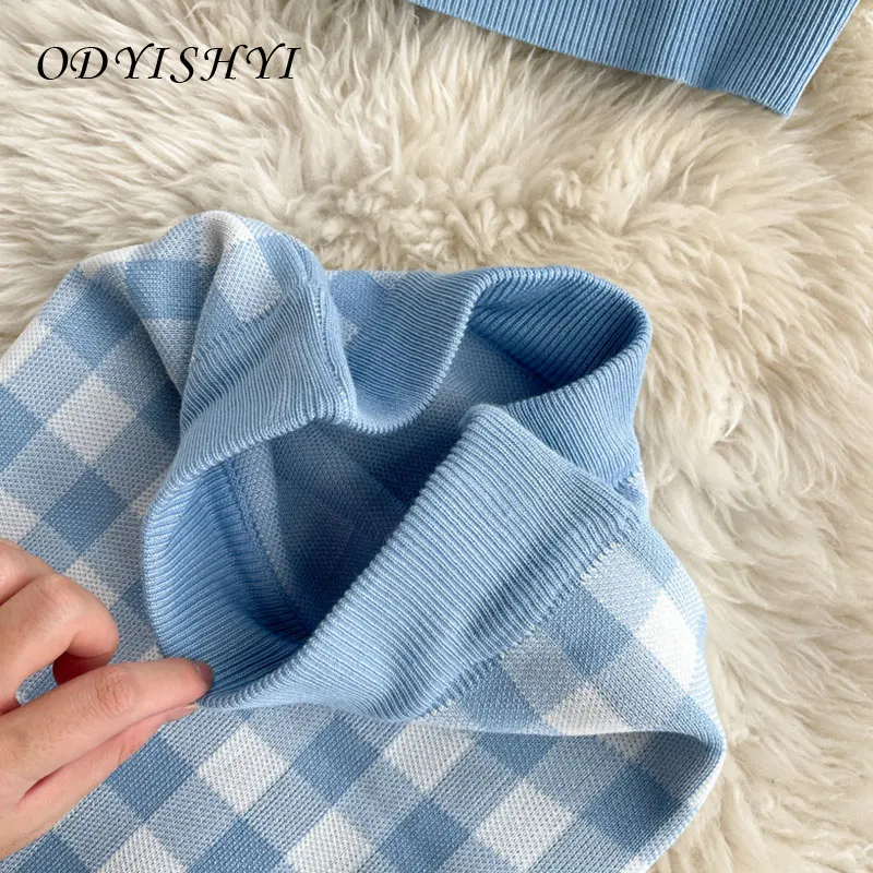 

Summer Two Piece Set Women's Sweet Plaid V Neck Spaghetti Strap Blouse Tops And Short Skirt Knitted 2 Piece Suit Ladies VT69