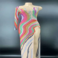 q08 singer sexy colorful rhinestones evening long dress one shoulder diamonds sleeve skirt stretch mesh skirt full drill outfit