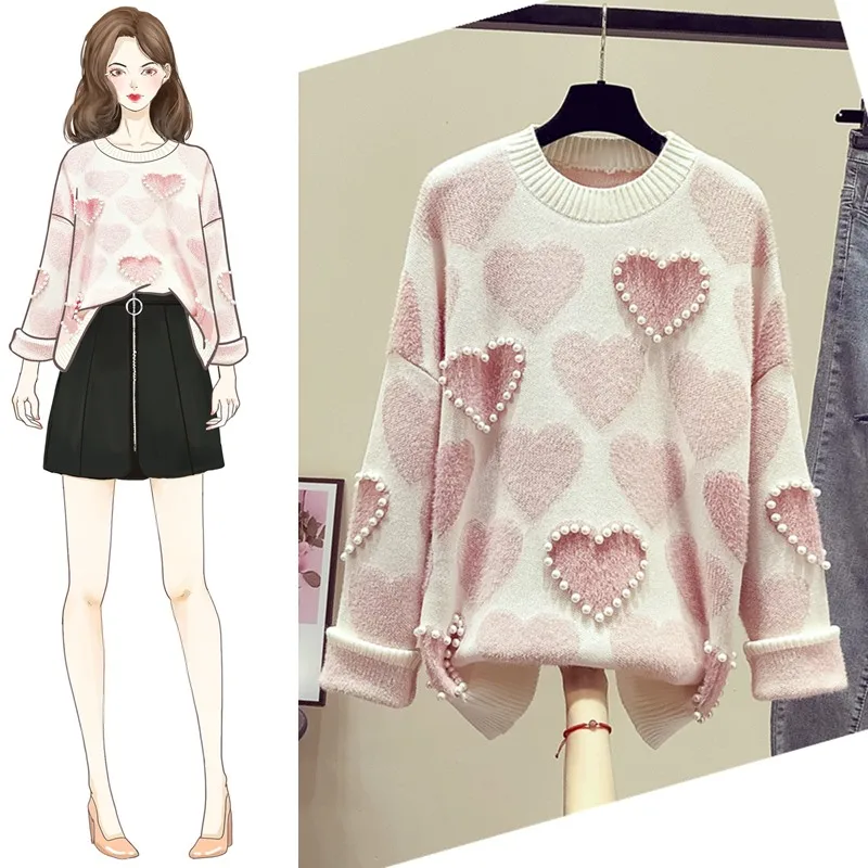 

2020 Fall Winter Women's Sweater New Fashion Loose Love Beaded Jumper All-match Students Turtleneck Sweaters Pull