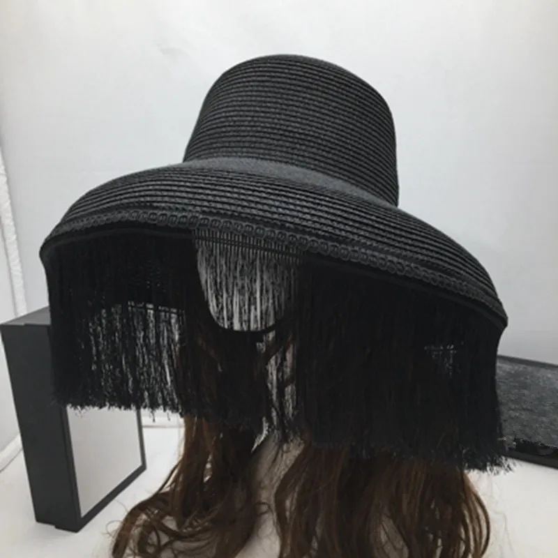 Retro hats black tassel stage big eaves female sun hat fashion show little sun hat and mystery of the face