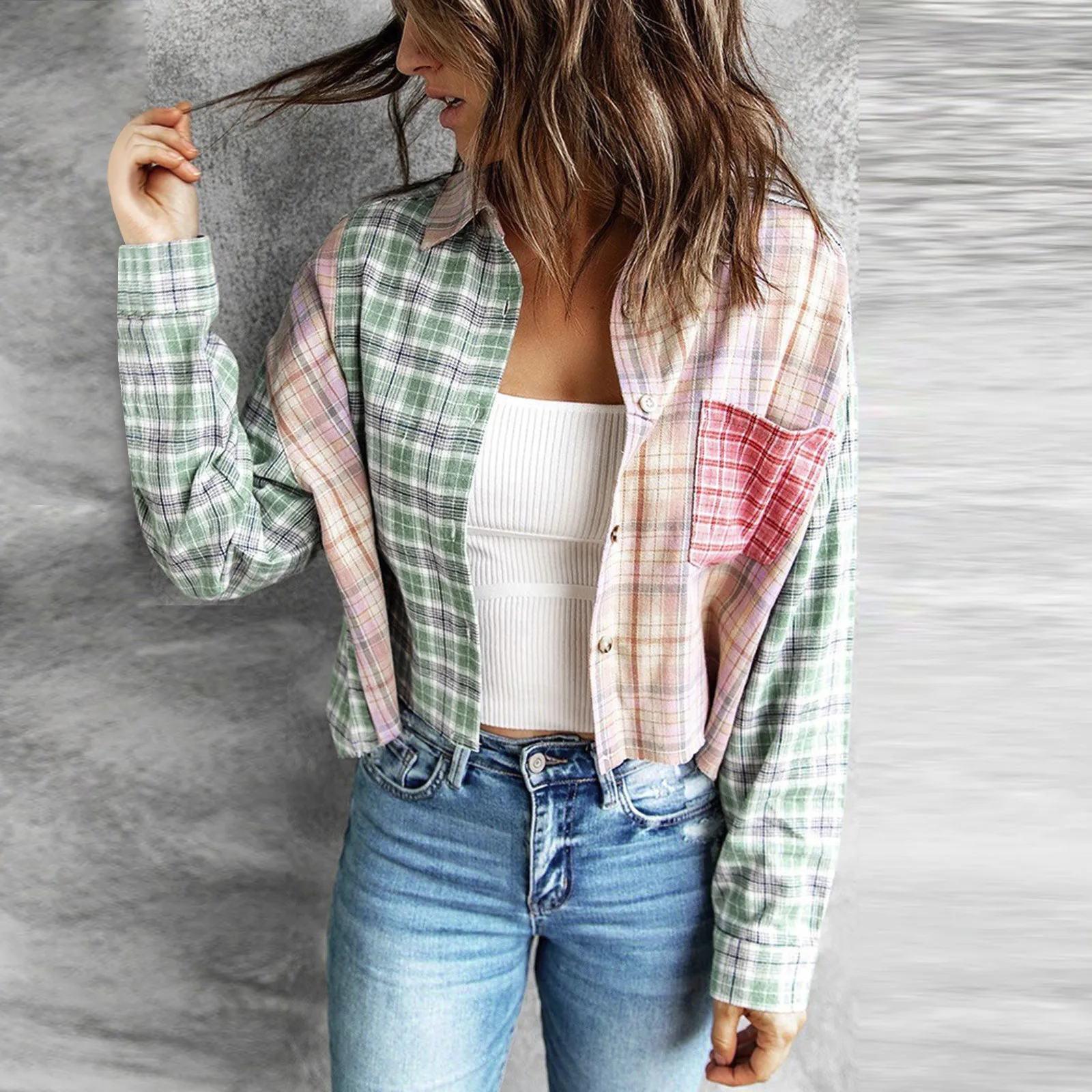 

Women Harajuku Multi Plaid Color Block Plaid Shirt Female Long Sleeve Casual Button Blouse Coat Jacket 2021 Ladies Streetwear