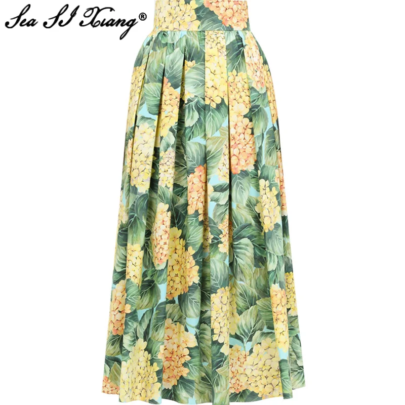 

Seasixiang Fashion Designer Summer Cotton Skirt Women Floral Print High Waist Pleated Skirts