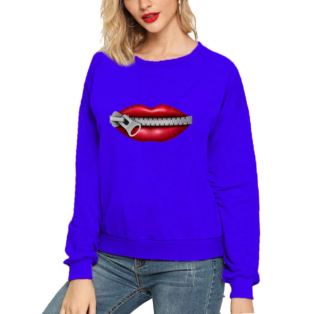 

Hot Zipper Lips Pattern Print Long Sleeve Tops Round Neck Sweatershirt Letter Printing Sweatshirt Women