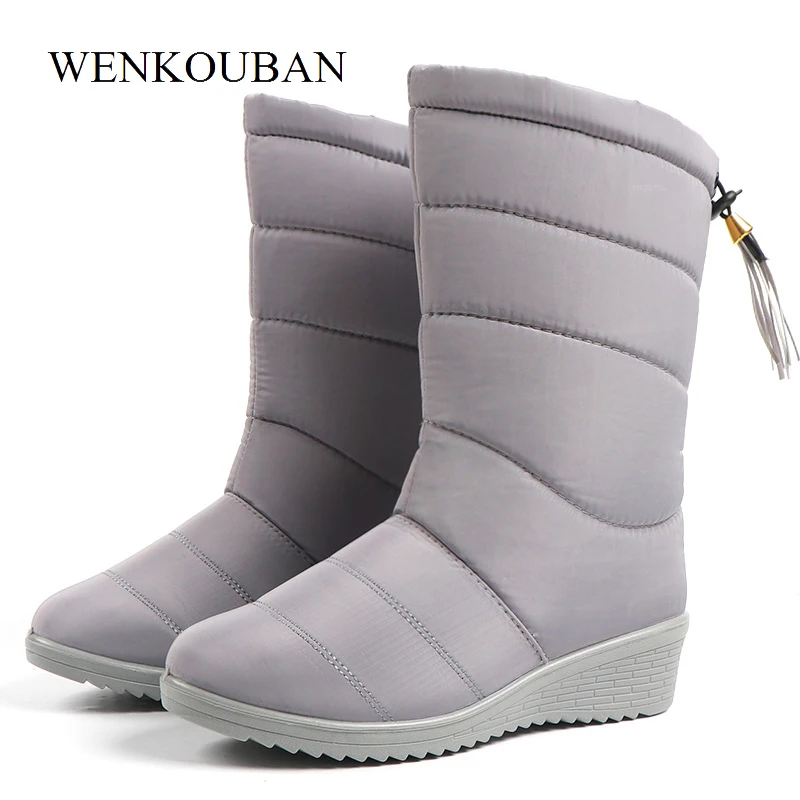 Женские ботинки до середины икры Водонепроницаемые зимние теплые на танкетке