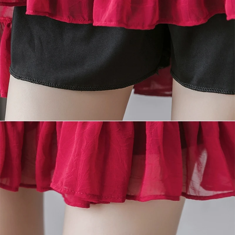 

Zoulv Women Summer High Elastic Waist Lotus Leaf Mini Skirt with Safety Shorts Sweet Lovely Skirt Solid Chiffon Pleated Skirt