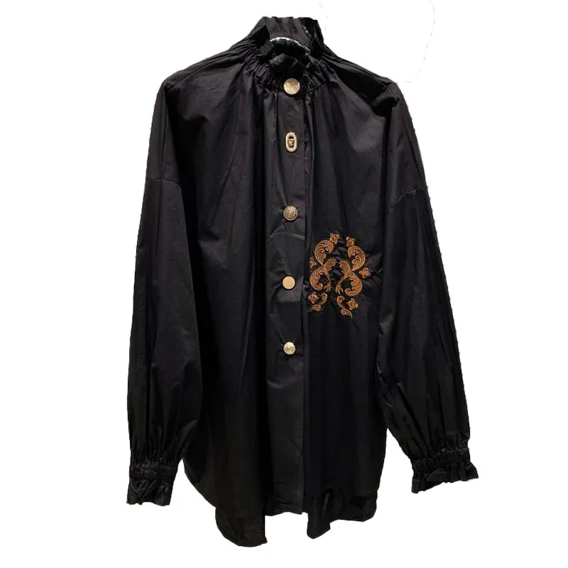 

2021 Spring New Flower Embroidery Pattern Pleated Lace Stand Collar Bud Shirt Shirt for Women Button Up Shirt