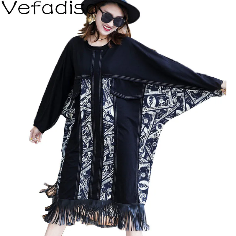 

Vefadisa Black Tassel Patchwork Women Dress 2021 Autumn Stitching Color Female Dress Batwing Sleeve Pullover Dress QYF6244