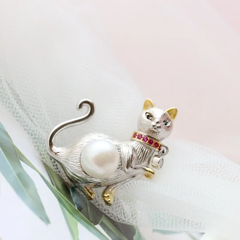 

UBESTNICE Мода S925 стерлингового серебра из натурального пресновдного жемчуга 9 мм, с милым рисунком кота, броши в форме животных для Для женщин П...