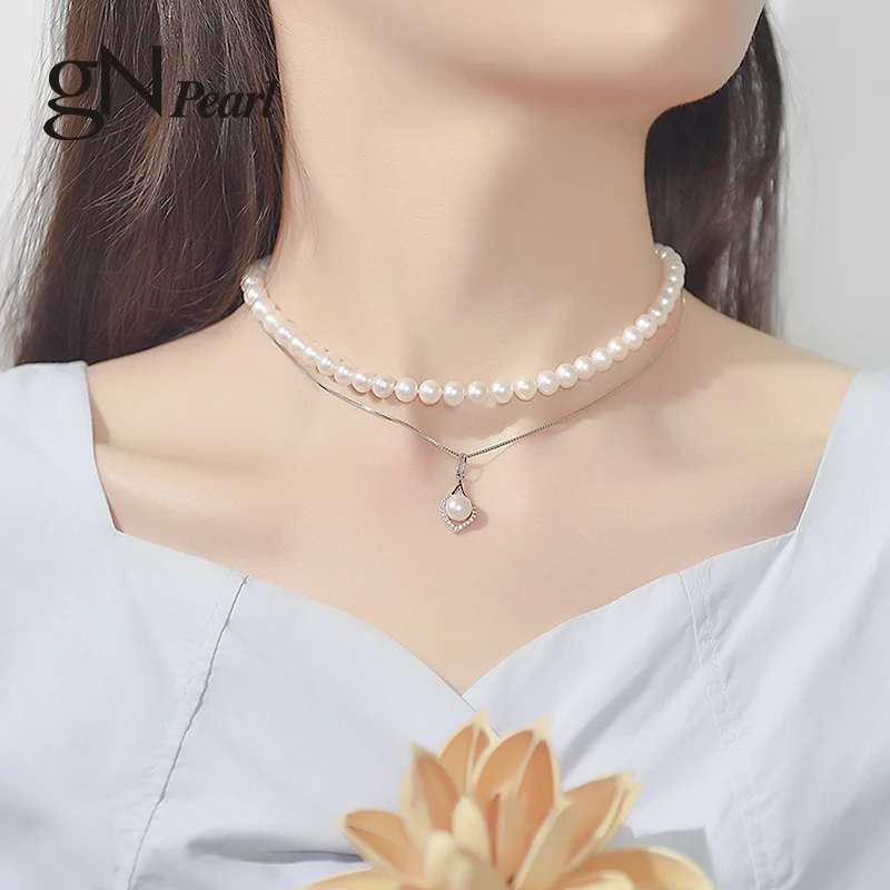 

gN Pearl Necklace pendant set 6-8mm White Natural Freshwater Pearl Pendants 925 Sterling Silver