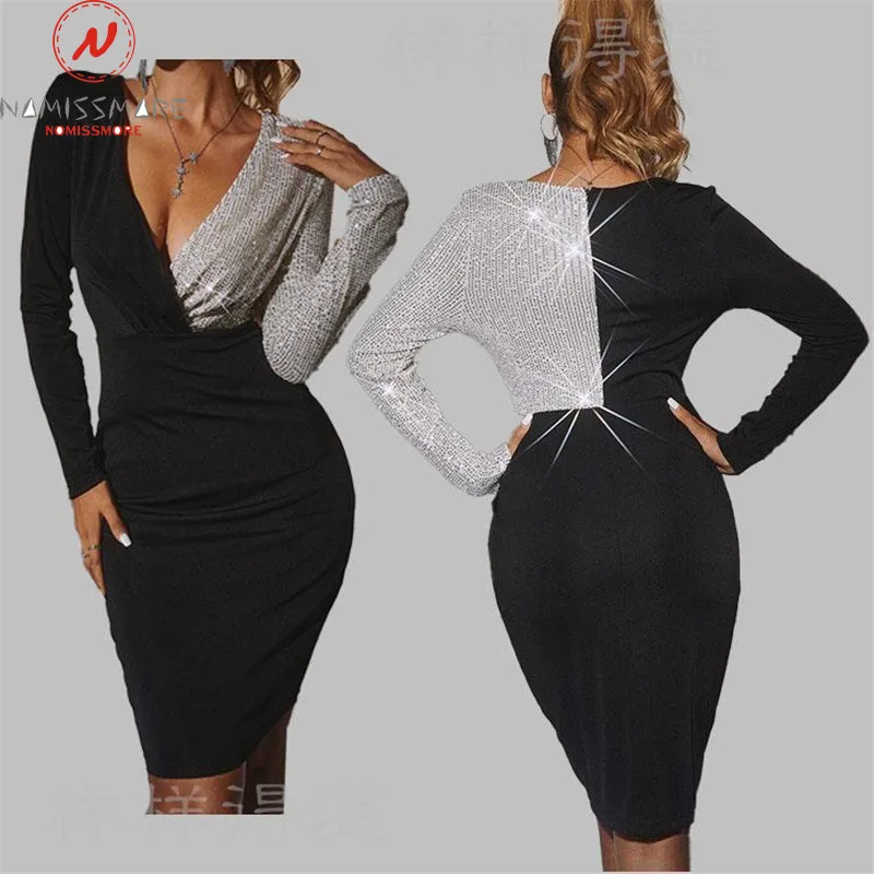 

Женское однотонное платье-карандаш с блестками и длинным рукавом