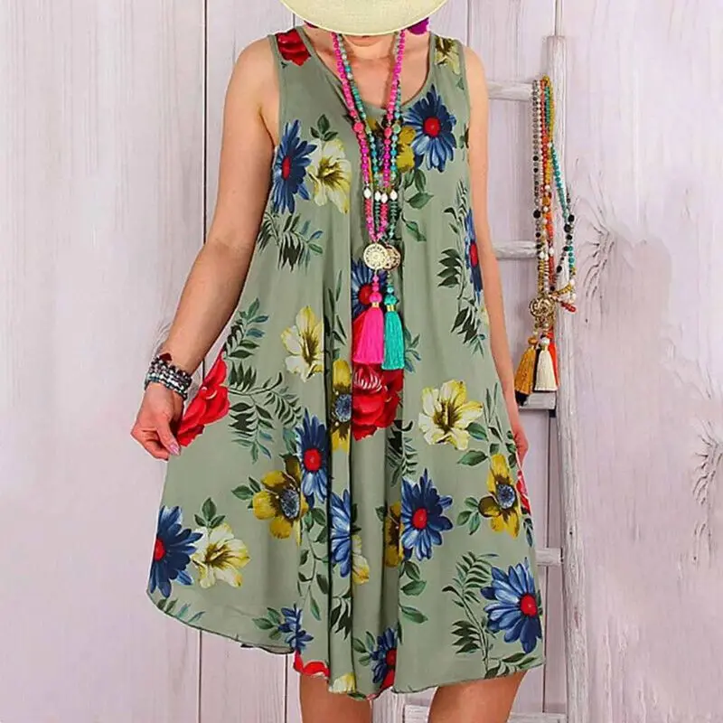 

Women Sleeveless Floral Print Summer Beach Swing Loose Vest Dress Plus Size