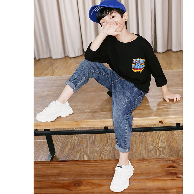 

2021 Spring and Autumn Handsome Children's Jeans Primary School Boys Stretch Loose Korean Kids Stretch Casual Trousers KJ12