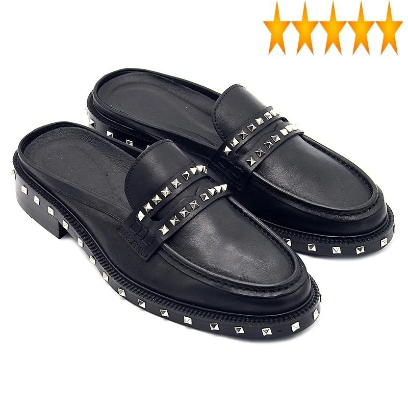 

Classics Black Rivet Punk 2021 Sandals Men Slip On Slippers Genuine Leather Loafers British Summer Dress Italian Shoes Mocassin