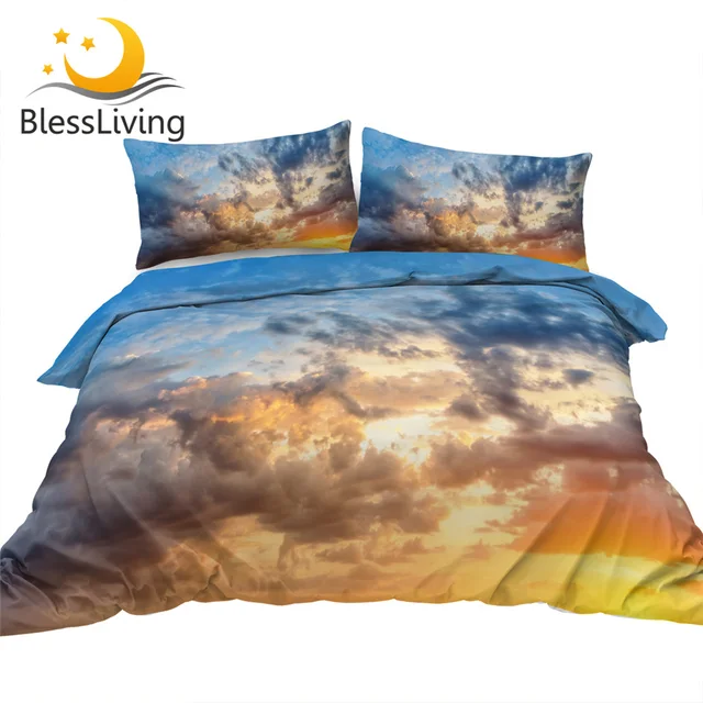 BlessLiving Cumulus Sky Bedding Set Sunset Clouds Comforter Cover Blue Sky Bed Cover Set Galaxy Pine Tree Landscape Bedspreads 1