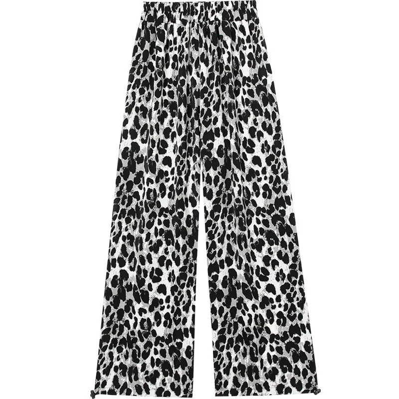 

Retro Print Drawstring Leggings Women Chiffon Ice Silk Leopard Harem Pants Women Casual Two Wear Wide Leg Capris Female