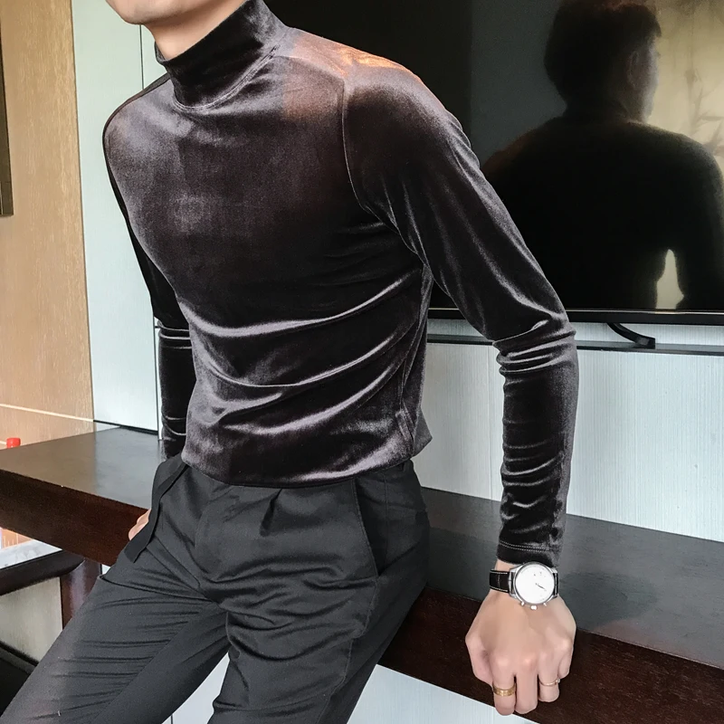 

New Autumn Long Sleeve T Shirts Men Fashion Men Clothes 2021 Velvet Stretched Turtleneck Slim Fit All Match Solid Men T-Shirts