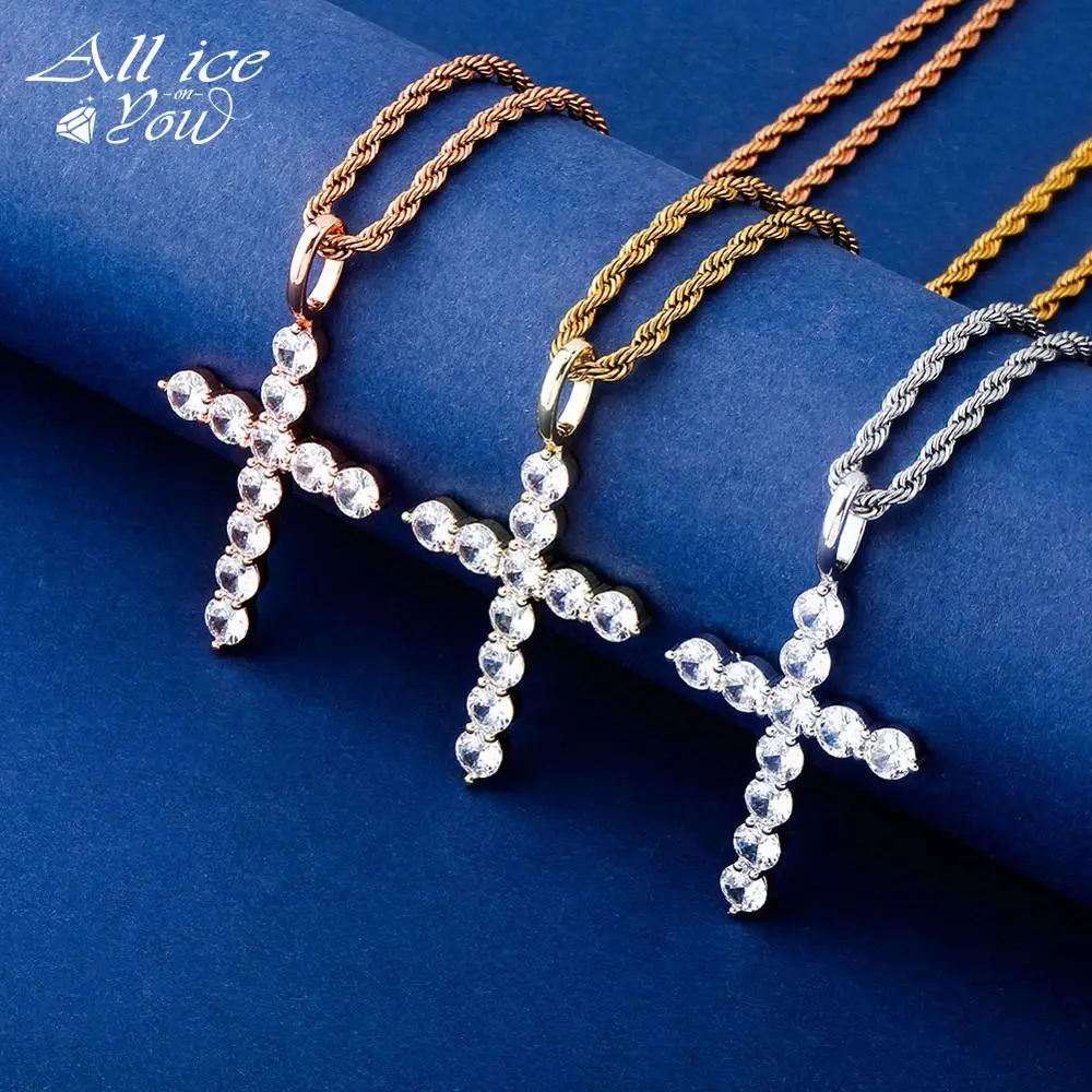

ALLICEONYOU New High Quality Iced Out Cubic Zircon Fashion Cross Crystal Pendant&Necklace Hip Hop Fashion Jewelry FemaleGift