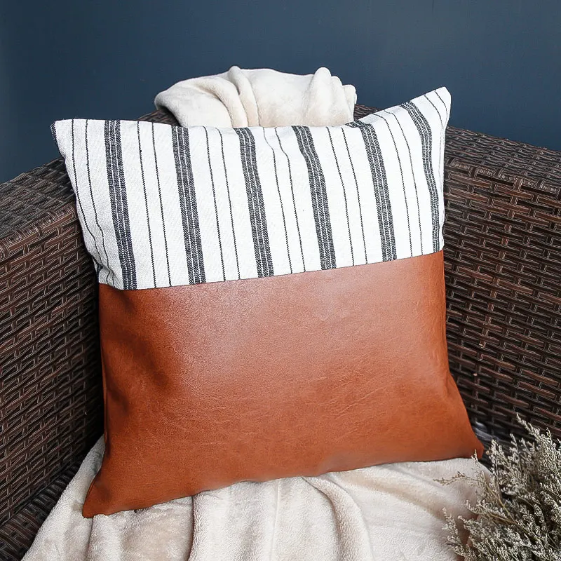 YokiSTG PU Leather Cushion Covers For Sofa Bed Car Seat Brown Linen Stripe Decorative Pillowcases Luxurious Throw Pillow Home | Дом и сад