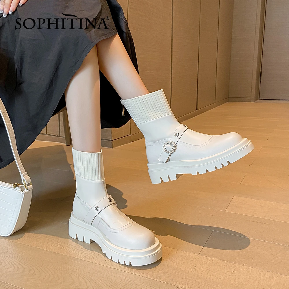 

Ботинки женские вязаные на платформе, с жемчужной пряжкой и круглым носком, WO801