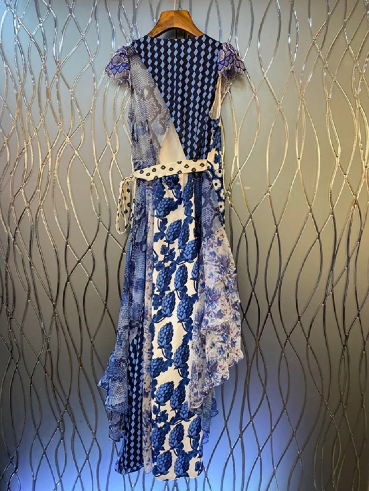 

2020 Summer Fashion Party Women V-Neck Blue Floral Print String Waist Sleeveless Sexy Club Long Maxi Dress Lady