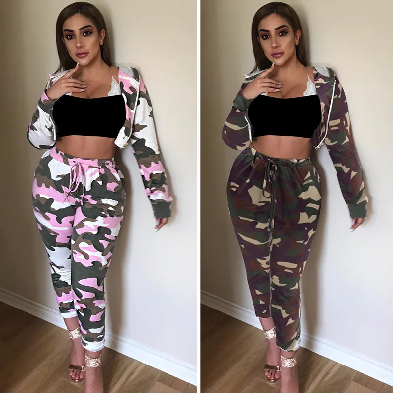 

Camouflage Women Clothing Sets With Winter Long Sleeve Coat Top + High Waist Bodycon Pants Trousers Cool Girl Streetwear