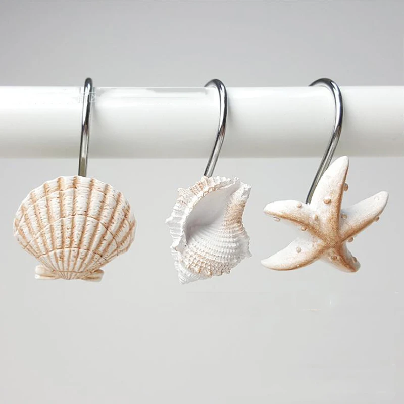 12 шт. Seashell крючки для занавески для душа Ванная комната Пляж Оболочка Декор Смола декоративная штора крючки дом, отель, ванная комната оболочки крюк