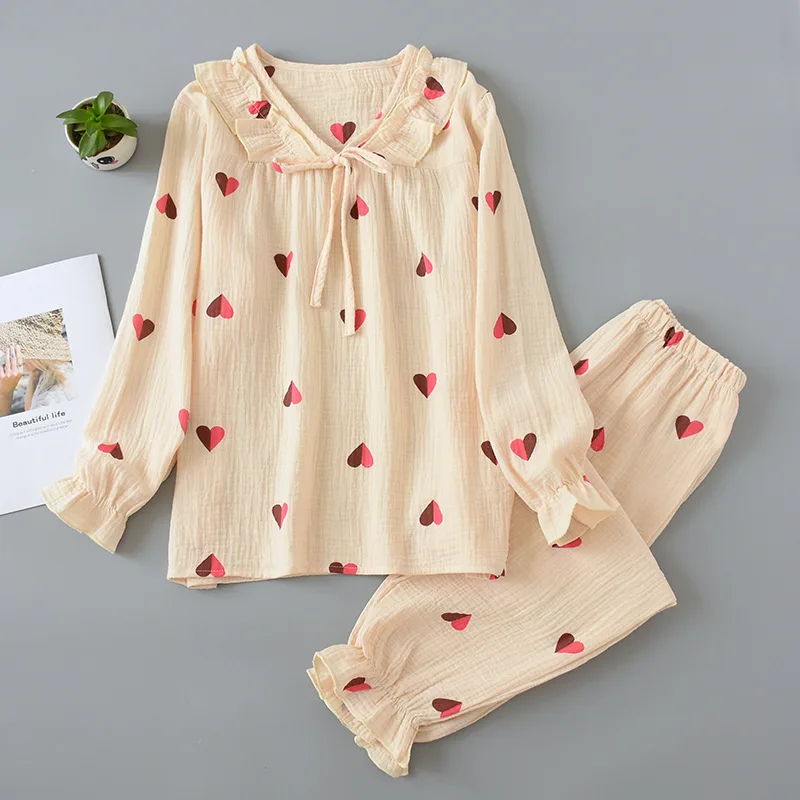 

Women Washed Cotton Yarn Printed Long Sleeve Pajama Set Outwear Pyjamas Suit