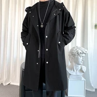 mens windbreaker jacket long trench oversize loose streetwear hooded vintage black coats high street casual male outerwear new