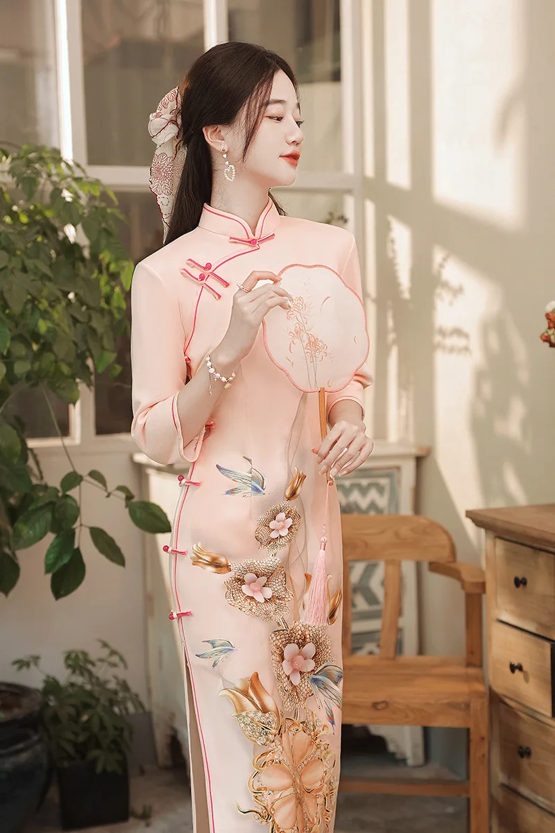 

Chinese Style Vintage Sexy High Split Cheongsam Women Pink Floral Print Suede Qipao Traditional Clothing Size L-4XL