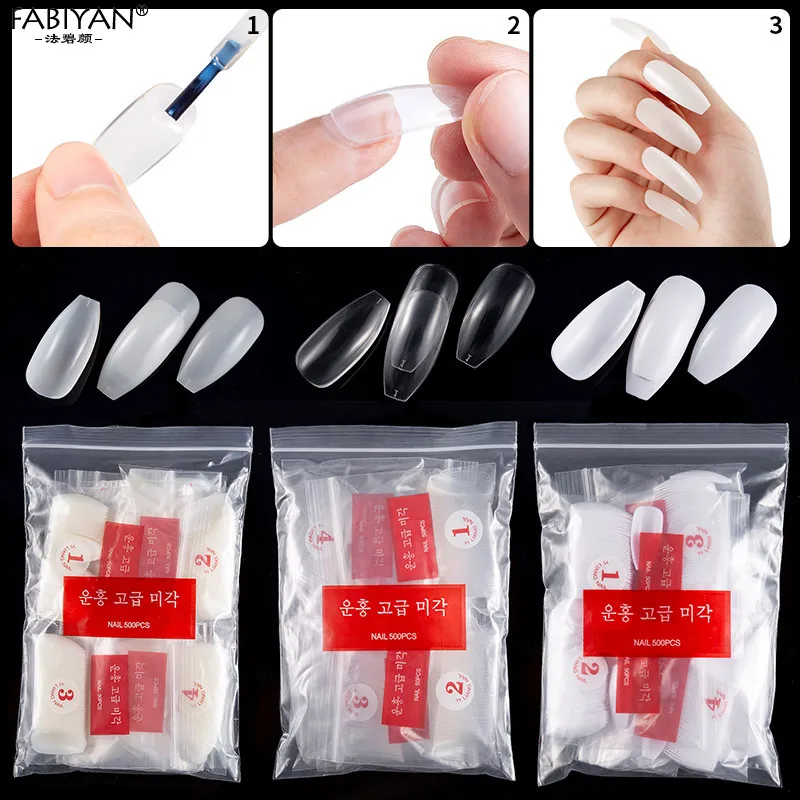 500Pcs Ballerina Nail Art Tips Full Cover Manicure False Coffin Shape Artificial Acrylic 10 Sizes Tool Clear/Natural/White | Красота и