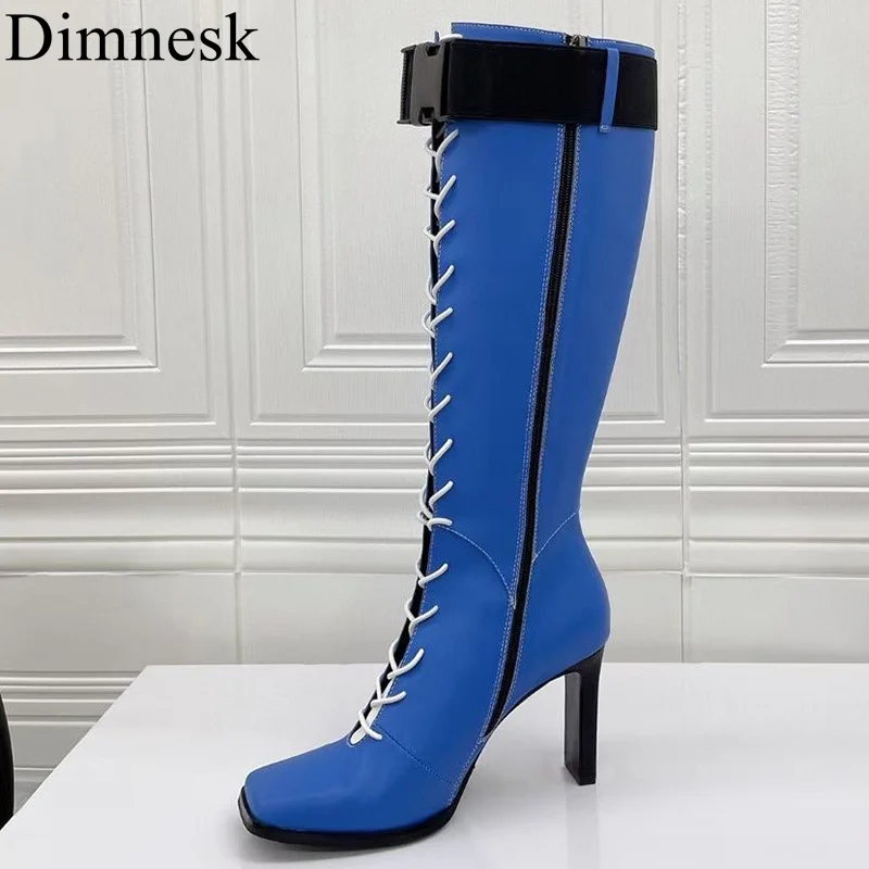 

Runway Thin High Heel Knee High Boots Women Real Leather Square Toe Belt Buckle Decor Autumn Shoes Handsome Knight Long Boots