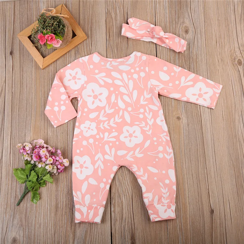 

Cute 2PCS Newborn Baby Girl Clothes 2019 Autumn Long Sleeve Floral Print Pink Romper Jumpsuit+Headband Outfit Children Clothing