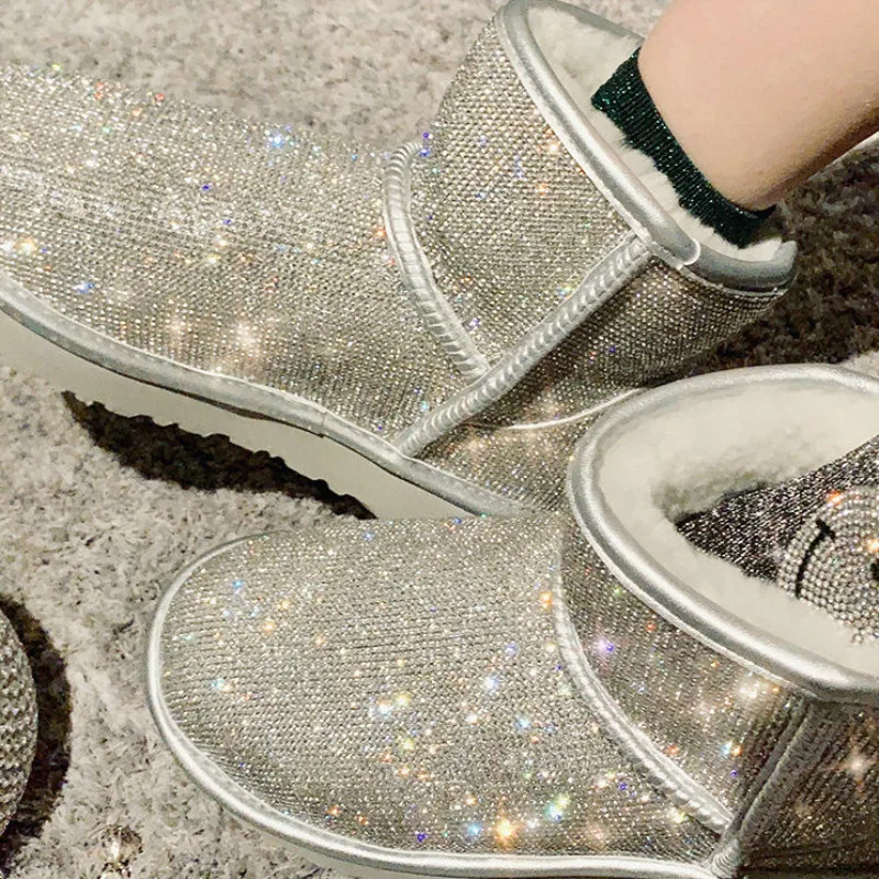 2019 Стразы зимние сапоги женская обувь теплые с натуральной шерстью Меховые