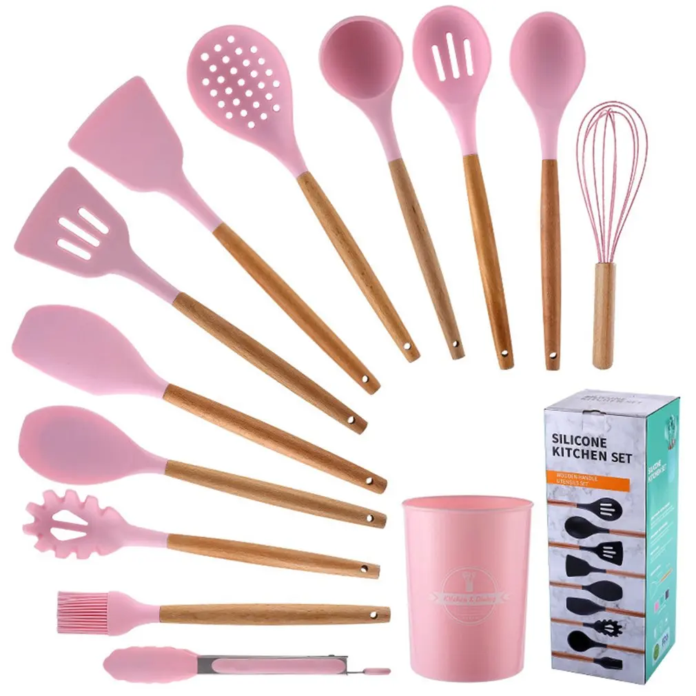

Silicone Kitchenware With Storage Bucket 12-piece Set Beech Wood Handle Kitchenware For Non-stick Pans