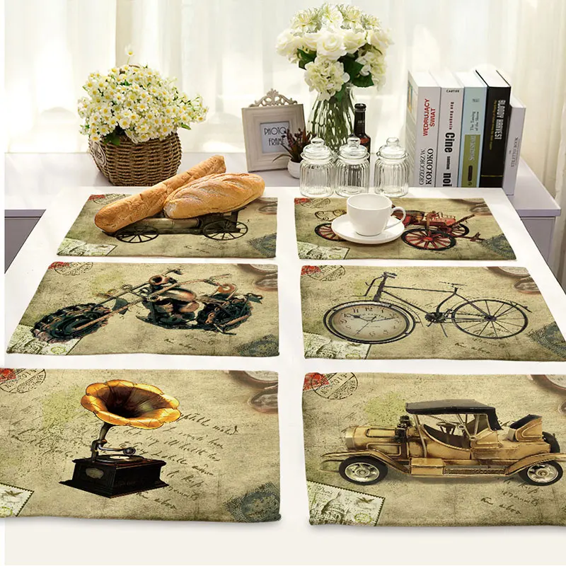 

Retro Style Gramophone Print Cotton Linen Table Mat Kitchen Accessories Tableware Drink Coasters Manteles Placemat 42*32cm 1pc