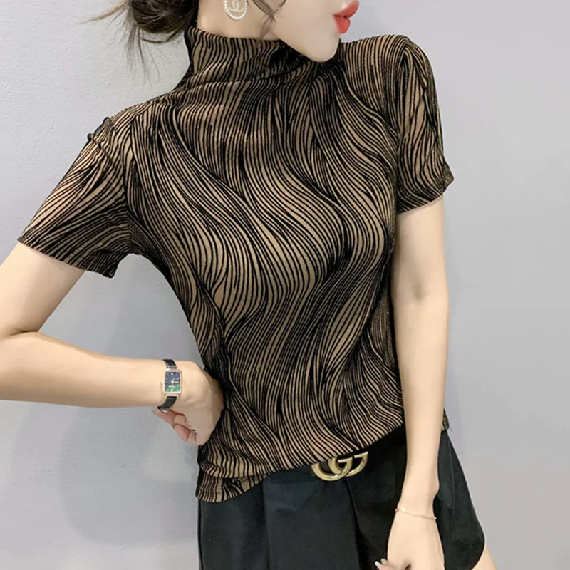 

#5737 Black Khaki Turtleneck T Shirt Women Short Sleeve Sexy Skinny Stretch Mesh T Shirt Korean Fashion Women's T-shirt Summer