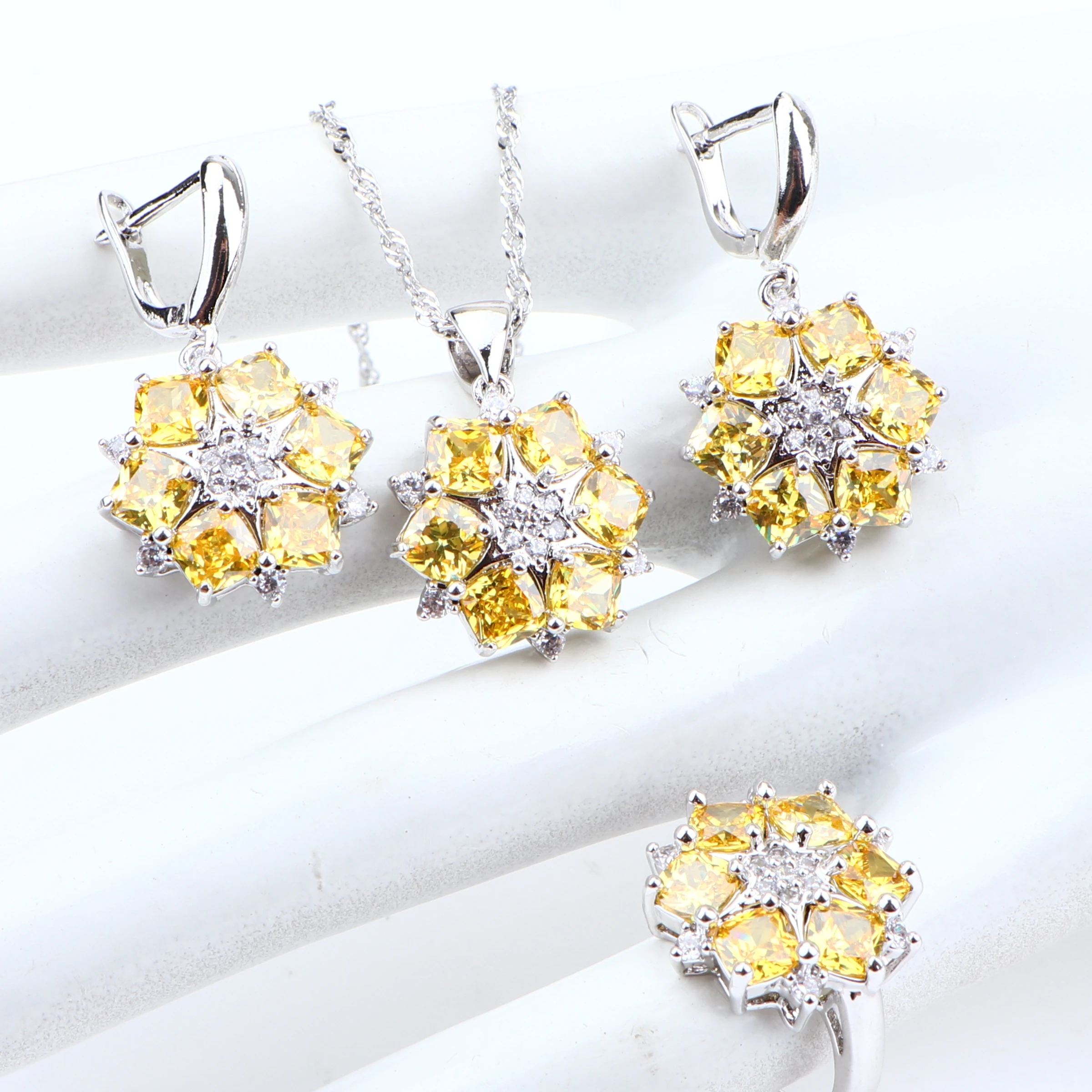 Набор свадебных украшений из серебра 925 пробы с желтым цирконием серьги камнями