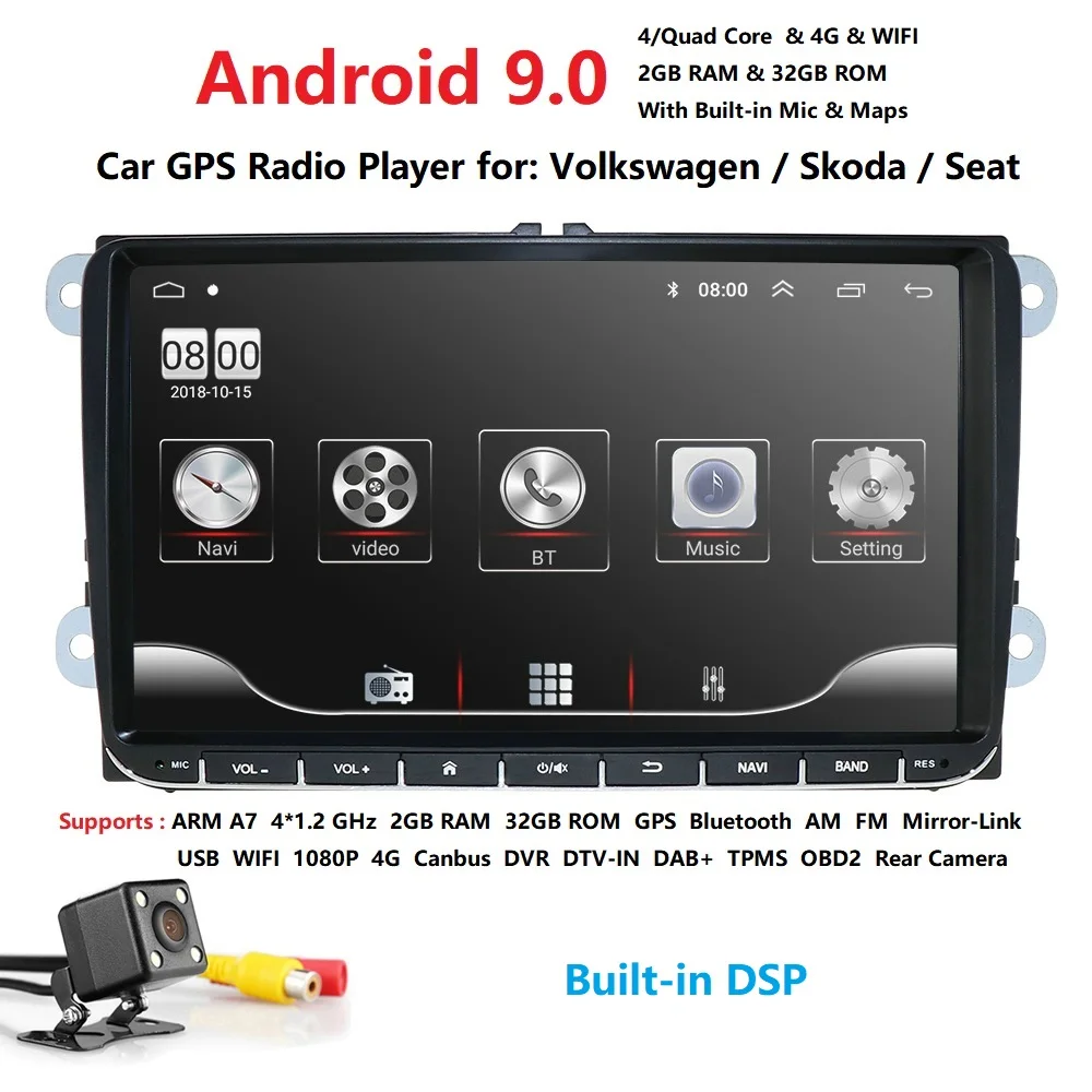 Android 9,0 Автомобильный мультимедийный gps навигатор 1024*600 4 ядра для Фольксваген Шкода Поло Гольф 5 6 PASSAT JETTA TIGUAN TOURAN Caddy