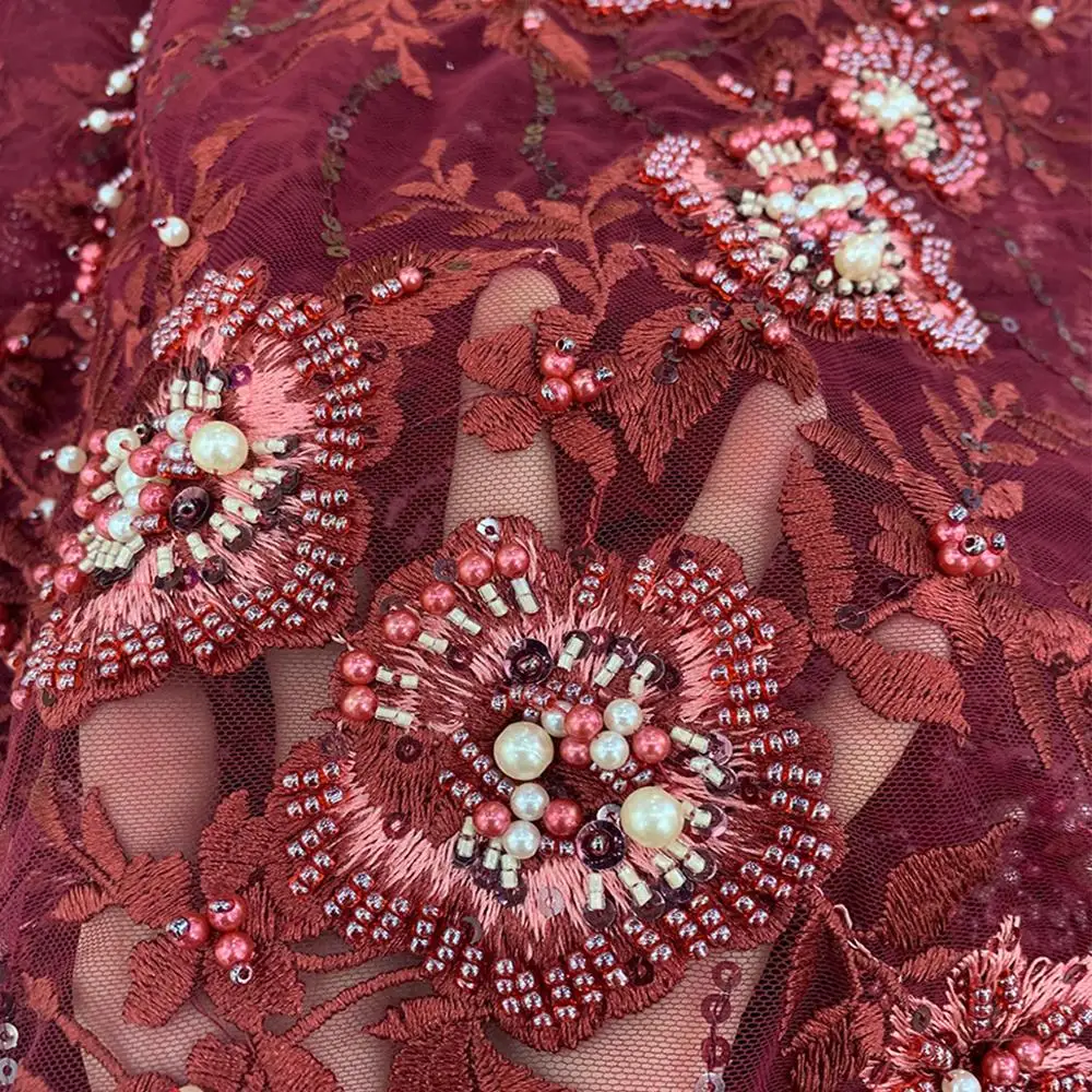 Модный вечерний Burgundy Тяжелая сделанная вручную бисером кружевной ткани высокого